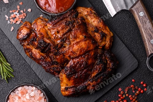 Preview: Chicken or turkey, poultry breast baked on the grill or barbecue. Grilled chicken