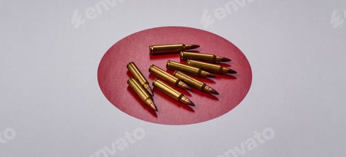 Preview: Assault rifle cartridges on the Japanese flag, serving as a conceptual backdrop for defense