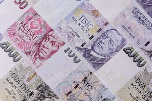 Preview: Czech paper money, koruna or crown, in various denominations for financial exchange. Czech koruna