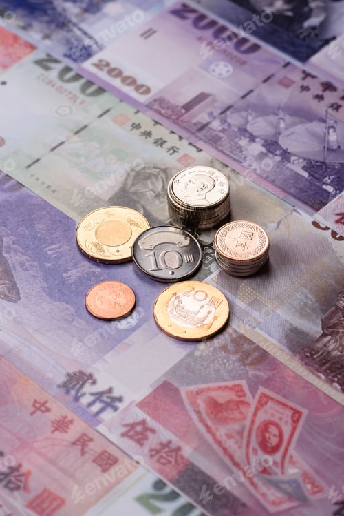 Preview: Taiwan, Taiwanese paper banknotes and coins, dollars of various denominations. Taiwanese dollars