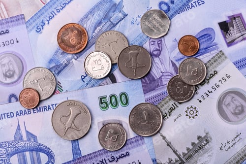 Preview: United Arab Emirates cash, dirhams and coins for exchange and financial transactions. UAE currency