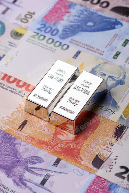Preview: A silver bar, white metal against a backdrop of Argentine money, as a concept for the sales market