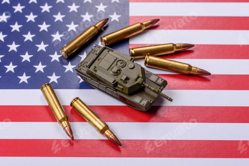 Preview: A tank on the US flag as a conceptual backdrop representing defense and preparation against attack