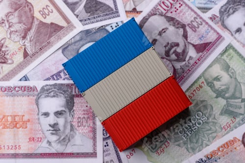 Preview: Cargo containers on the Cuba flag as a conceptual backdrop for goods export. Cargo containers