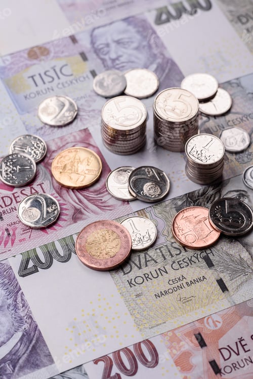 Preview: Czech paper money, koruna or crown, in various denominations for financial exchange. Czech koruna