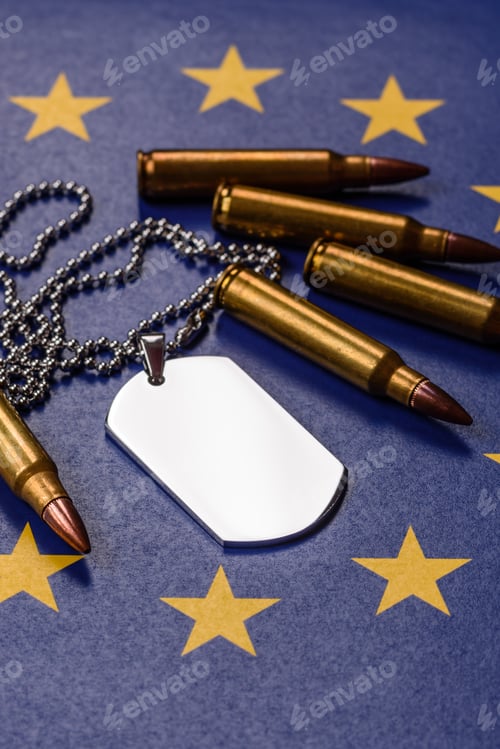 Preview: A dog tag on the European Union flag, serving as a conceptual backdrop