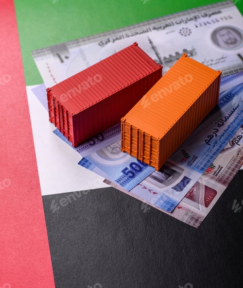 Preview: Cargo containers on the UAE flag as a conceptual backdrop for goods export. Cargo containers