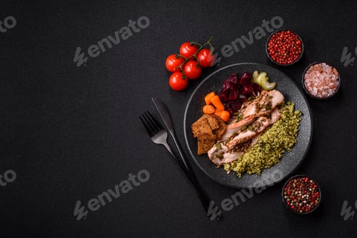 Preview: A bowl with chicken or turkey, porridge, vegetables, sauce, and spices. A meat bowl