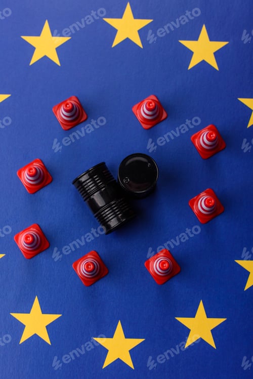 Preview: The cargo container ban on the EU flag as a conceptual backdrop . The cargo container embargo