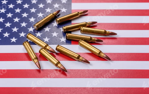 Preview: Assault rifle cartridges on the US flag, serving as a conceptual backdrop for defense