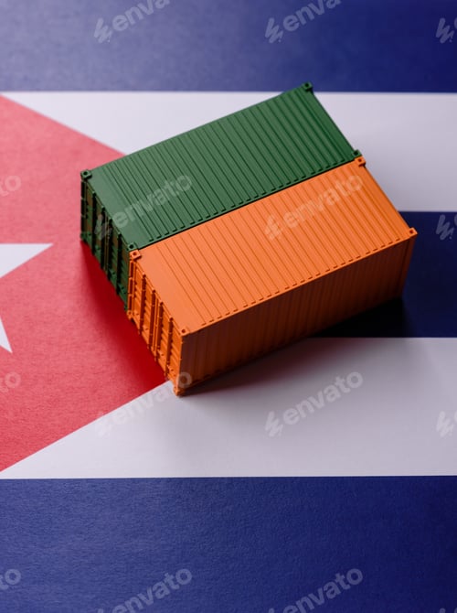 Preview: Cargo containers on the Cuba flag as a conceptual backdrop for goods export. Cargo containers
