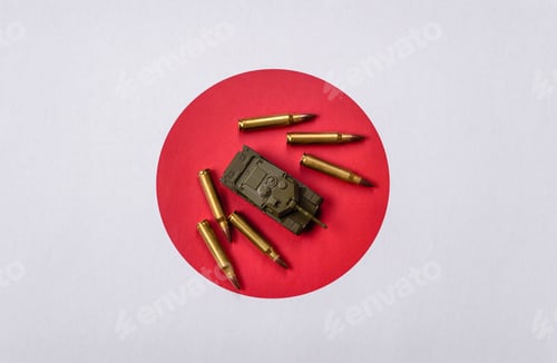 Preview: A tank on the Japanese flag as a conceptual backdrop representing defense