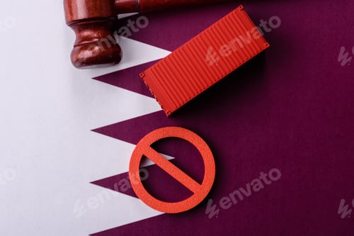 Preview: The cargo container ban on the Qatar flag as a conceptual backdrop. The cargo container embargo