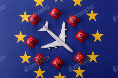 Preview: A mock up of airplane with no fly signs on a US flag as a concept for a flight ban