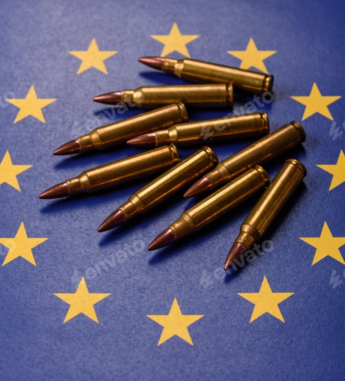 Preview: Assault rifle cartridges on the European Union flag, serving as a conceptual backdrop
