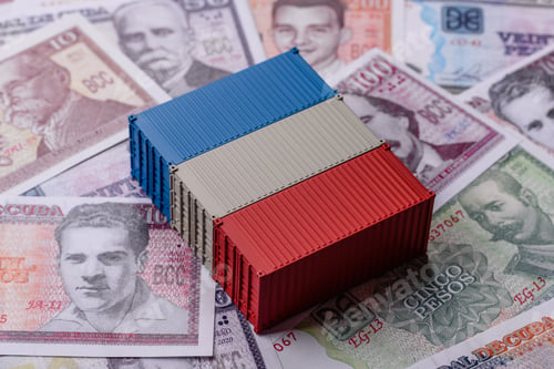 Preview: Cargo containers on the Cuba flag as a conceptual backdrop for goods export. Cargo containers