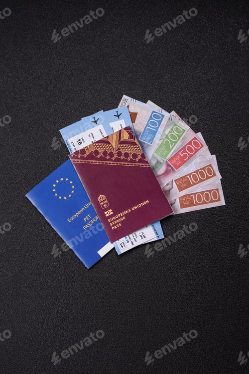 Preview: Sweden, swedish passport or id document with tickets for flight, travel. Swedish passport