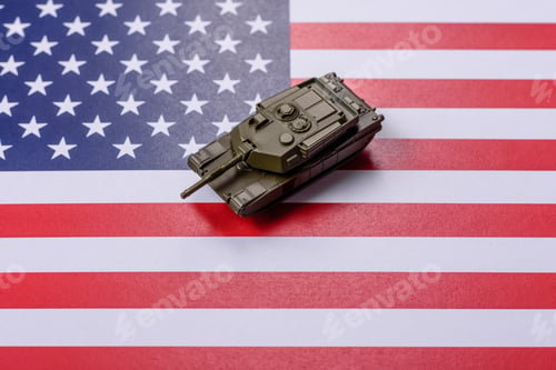Preview: A tank on the US flag as a conceptual backdrop representing defense and preparation against attack