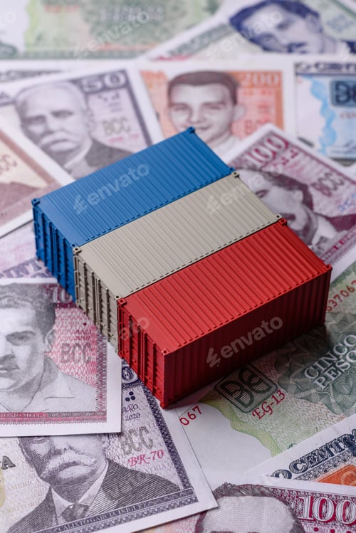 Preview: Cargo containers on the Cuba flag as a conceptual backdrop for goods export. Cargo containers