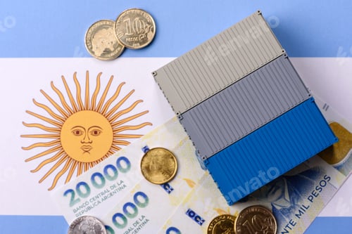 Preview: Cargo containers on the Argentine flag as a conceptual backdrop for goods export. Cargo containers