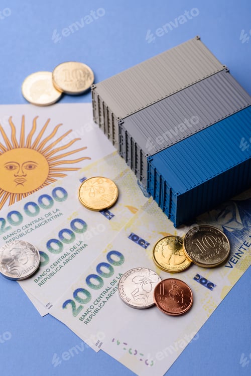 Preview: Cargo containers on the Argentine flag as a conceptual backdrop for goods export. Cargo containers