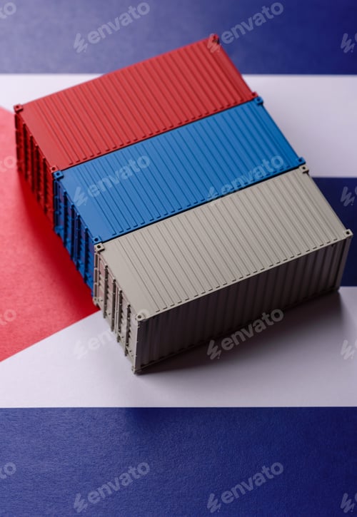 Preview: Cargo containers on the Cuba flag as a conceptual backdrop for goods export. Cargo containers