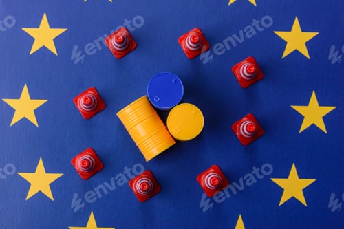Preview: The cargo container ban on the EU flag as a conceptual backdrop . The cargo container embargo