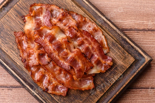Preview: Fried fresh bacon slices with layers of meat or prosciutto with salt and spices. Fried bacon