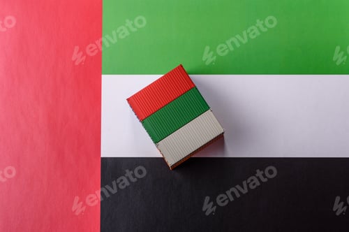 Preview: Cargo containers on the UAE flag as a conceptual backdrop for goods export. Cargo containers