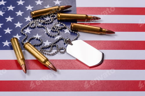 Preview: A dog tag on the US flag, serving as a conceptual backdrop representing defense
