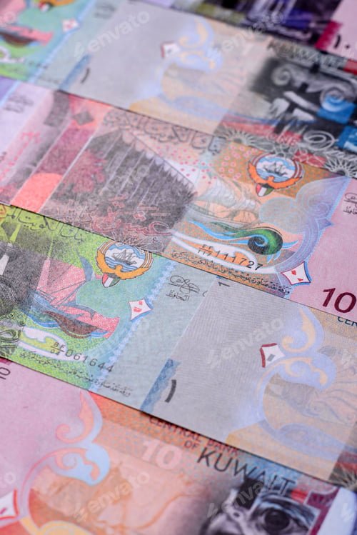 Preview: Kuwait paper money, dinar banknotes as currency for exchange or travel. Kuwaiti money