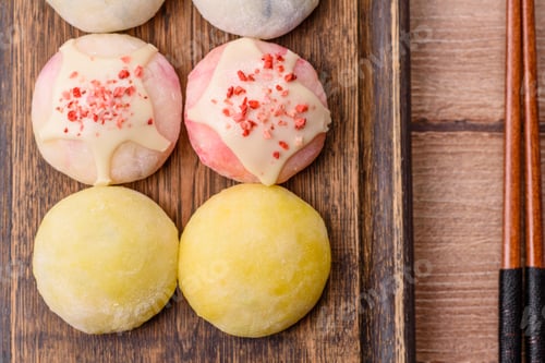 Preview: Japanese sweet frozen mochi with rice dough, fruit, and chocolate filling. Japanese mochi