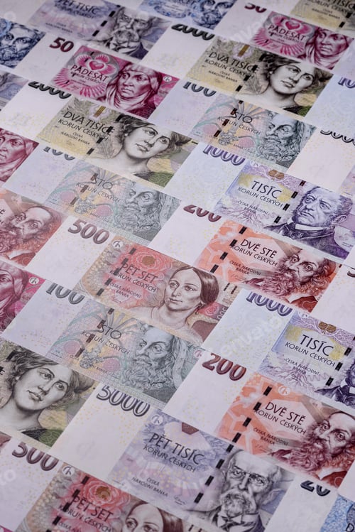 Preview: Czech paper money, koruna or crown, in various denominations for financial exchange. Czech koruna