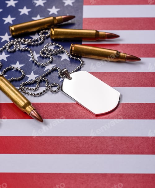 Preview: A dog tag on the US flag, serving as a conceptual backdrop representing defense