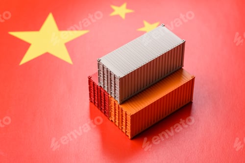 Preview: Cargo container on the china flag as a conceptual backdrop for goods export. Cargo container