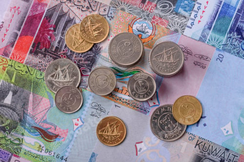 Preview: Kuwait paper money, dinar banknotes as currency for exchange or travel. Kuwaiti money