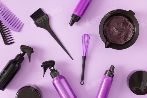 Preview: Hair care, styling and coloring products with hair dye tools. Top view, flat lay