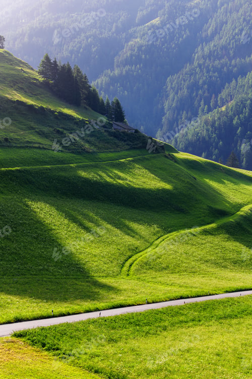 Preview: Scenic picturesque landscape view small little wooden log alpine hut green lush alpine austrian mead