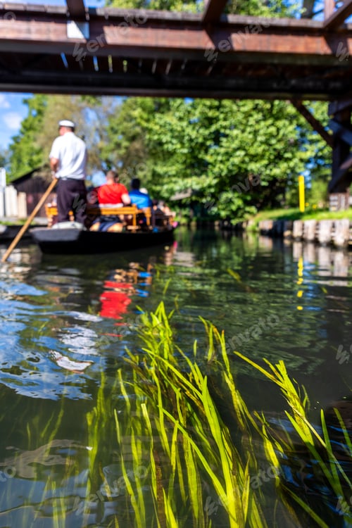 Preview: Low angle view through clear canal water shows green plants reflections while wooden boat tourists p