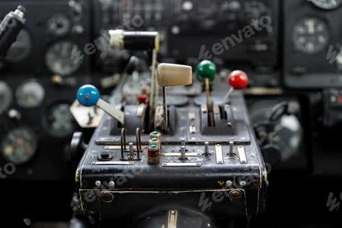 Preview: Vintage aircraft cockpit with analog controls, levers and aviation instruments inside old airplane c