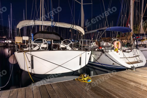 Preview: Yachts moored marina calm night illuminated decks reflections water ropes cables nautical equipment