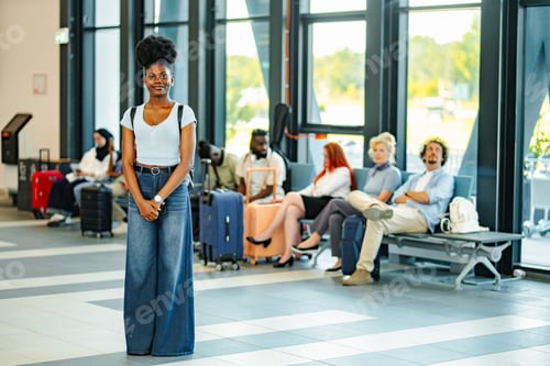 Preview: Young black woman standing in busy airport terminal