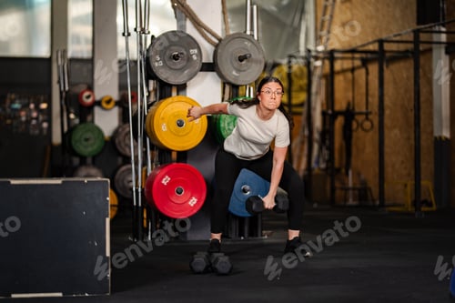 Preview: Woman training in gym lifting dumbbell during workout