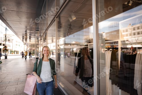 Preview: Woman smiling holding shopping bags walking city street