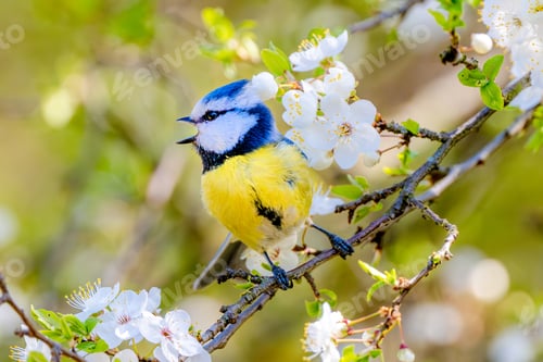 Preview: Blue Tit Singing On Blooming Tree Branch