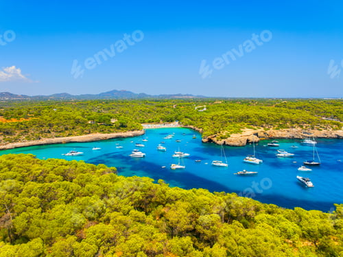 Preview: Aerial view of Cala Mondrago bay and turquoise sea in Mallorca, Spain.