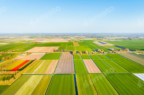 Preview: Aerial view of Dutch agricultural landscape with green fields, meadows and water canals.