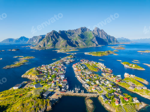Preview: Aerial drone view of Henningsvaer village in Lofoten islands, Norway.