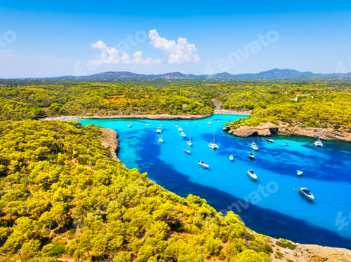 Preview: Aerial view of Cala Mondrago bay, Balearic islands, Mallorca, Spain. Scenic coastline landscape