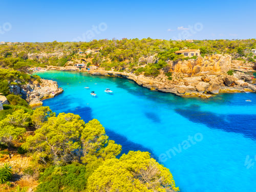 Preview: Aerial view of bay with yachts and boats. Balearic islands, Mallorca, Spain.